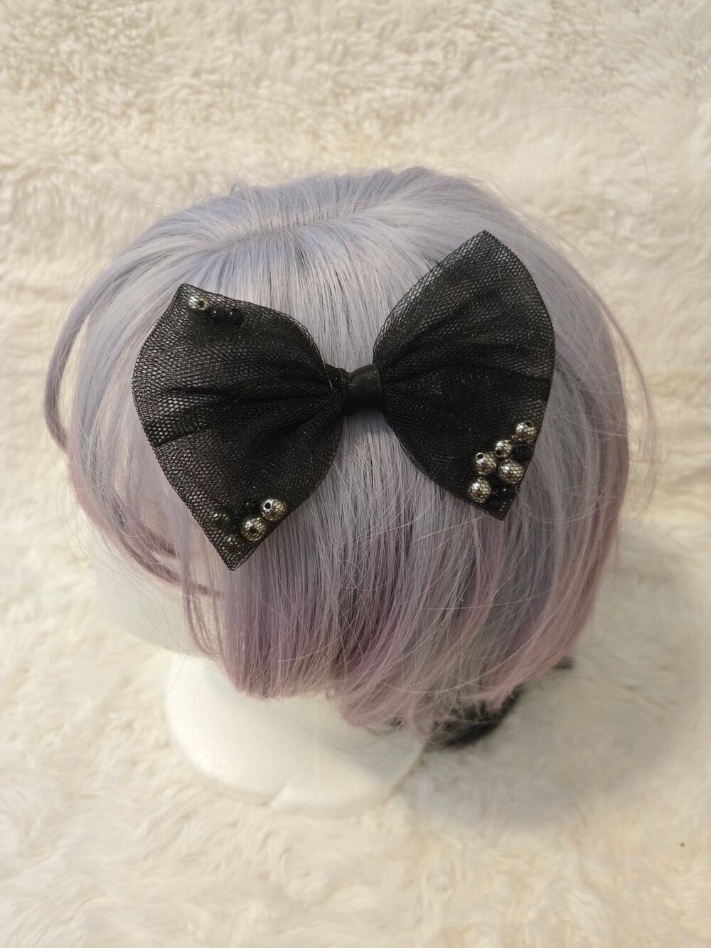 Vintage Y2K Black Mesh Bow Hairclip with Silver Beads